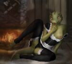  2022 4_toes amber_eyes anthro argonian bethesda_softworks blush breasts clothed clothing clothing_aside digital_media_(artwork) duo exposed_breasts faceless_character feet female female_focus fireplace front_view green_body hi_res hootingfish horn inviting legwear licking looking_up maid_uniform medium_breasts melee_weapon nervous_smile nipples one_leg_up open_clothing panties presenting pupils raised_leg scalie seductive self_lick skimpy skyrim slit_pupils solo_focus spikes spread_legs spreading stockings sword teeth the_elder_scrolls toeless_legwear toes tongue tongue_out underwear uniform upskirt video_games weapon 