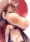  1girl :d animal_ears bar_censor bare_shoulders blush borrowed_character braid breasts brown_hair censored commission fox_ears fox_girl gigantic_breasts highres inverted_nipples japanese_clothes kimono lactation large_areolae long_hair no_panties off_shoulder ogu_(oguogu0523) oil-paper_umbrella open_clothes open_kimono open_mouth original red_eyes side_braid simple_background skeb_commission smile solo sweat thick_eyebrows thighhighs umbrella white_background 