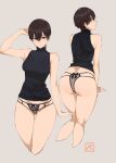  1girl absurdres all_fours ass ass_visible_through_thighs black_bow bow bow_panties brown_eyes brown_hair from_above halterneck highres looking_at_viewer looking_back original panties pen_guin15 see-through short_hair simple_background thigh_gap turtleneck underwear 