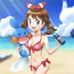  1girl :d bangs beach bikini blue_eyes blue_sky bottle bow breasts brown_hair cleavage cloud drinking_straw hair_bow holding holding_pokemon looking_at_viewer may_(pokemon) milmil7 mudkip navel ocean open_mouth pokemon pokemon_(creature) pokemon_(game) pokemon_oras red_bikini red_bow sand sky smile swimsuit twitter_username water_bottle 