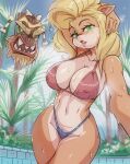  2022 activision anthro bandicoot bikini bikini_bottom bikini_top blonde_hair blush bodily_fluids breasts cleavage clothed clothing crash_bandicoot_(series) female fur hair hi_res looking_at_viewer mammal marsupial mcfli multicolored_body multicolored_fur orange_body orange_fur outside solo sweat swimwear tan_body tan_fur tawna_bandicoot two_tone_body two_tone_fur uka_uka video_games 