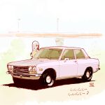  1girl bangs bridge brown_shirt car grey_hair ground_vehicle hair_over_one_eye little_witch_academia long_hair looking_to_the_side motor_vehicle musical_note nissan nissan_skyline_gt-r red_eyes shadow shiro0909 shirt sucy_manbavaran vehicle_focus 