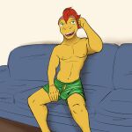  agumon anthro anthrofied bandai_namco barely_visible_genitalia barely_visible_penis boxers_(clothing) boxers_only clothed clothing digimon digimon_(species) digimorph furniture fuze genitals hi_res male mohawk navel nipples on_sofa penis sitting sofa solo topless underwear underwear_only waking_up 