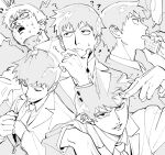  1boy ? ^^^ chinese_commentary commentary_request finger_to_head formal greyscale hand_on_own_chin holding holding_phone male_focus mob_psycho_100 monochrome multiple_views necktie phone qin_(7833198) raised_eyebrow reigen_arataka short_hair smirk speech_bubble stroking_own_chin suit surprised sweat talking_on_phone turn_pale 