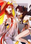  2girls aphrodite_(fate) blonde_hair brown_hair colored_inner_hair fate/grand_order fate_(series) highres ishtar_(fate) karasaki lipstick makeup multicolored_hair multiple_girls open_mouth orange_hair orange_nails red_eyes revealing_clothes two-tone_hair yellow_eyes 