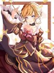  1girl beatrice_(umineko) black_dress blonde_hair blue_eyes border breasts bug butterfly dress hair_ornament highres long_sleeves looking_at_viewer orchid_(orukido) ribbon short_hair smile solo umineko_no_naku_koro_ni white_background white_border 