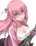  1girl bangs black_skirt blue_eyes blush bocchi_the_rock! breasts cleavage cube_hair_ornament electric_guitar gotou_hitori guitar hair_between_eyes hair_ornament highres holding holding_instrument instrument jacket large_breasts long_hair one_side_up open_clothes open_jacket open_mouth pink_hair pink_jacket pink_track_suit pleated_skirt shaded_face shirt skirt solo sweat tonee track_jacket white_shirt 