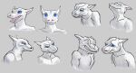  2019 anthro bald blue_eyes clothed clothing digital_drawing_(artwork) digital_media_(artwork) divdurvart eyes_closed frown grey_body grey_scales grimace happy hi_res humanoid kobold looking_at_viewer male male/male sad scales shaded simple_background simple_shading sketch smile smug_face solo topless 