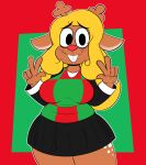  2022 5_fingers anthro antlers artist_name black_bottomwear black_clothing black_eyebrows black_eyes black_shirt black_skirt black_topwear blonde_hair bottomwear brown_antlers brown_body brown_ears brown_fur buckteeth cervid closed_smile clothed clothing deltarune double_v_sign eye_bags eyebrow_through_hair eyebrows female fingers freckles fur gesture green_background green_clothing green_sweater green_sweater_vest green_topwear green_vest hair hi_res horn humanoid_hands long_hair long_sleeves looking_at_viewer mammal mouth_closed noelle_holiday ota_(artist) pose red_background red_clothing red_nose red_sweater red_sweater_vest red_topwear red_vest shirt signature simple_background skirt smile solo sweater sweater_vest teeth teeth_showing thigh_freckles topwear translucent translucent_hair undertale_(series) v_sign vest video_games wavy_mouth wavy_smile white_clothing white_shirt white_topwear 