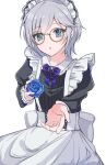  1girl alternate_costume anastasia_(idolmaster) apron bangs bespectacled black_shirt blue_bow blue_eyes blue_flower blue_rose bow bowtie brooch collar corset enmaided flower frilled_collar frilled_sleeves frills glasses grey_hair holding holding_flower holding_wand idolmaster idolmaster_cinderella_girls idolmaster_cinderella_girls_starlight_stage jewelry long_eyelashes long_sleeves maid maid_apron maid_headdress parted_lips reaching_towards_viewer rose round_eyewear shirt short_hair simple_background solo wand white_background white_collar white_corset white_hair white_shirt yellow-framed_eyewear ynksroro 