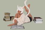  1girl animal_ears bangs barefoot book book_stack casual cat_ears cat_tail facial_mark final_fantasy final_fantasy_xiv green_background grey_eyes highres lying lyra-kotto miqo&#039;te on_stomach open_book short_hair solo sweater tail whisker_markings white_hair y&#039;shtola_rhul 