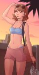  bag bikini brown_eyes brown_hair earrings eyewear_on_head highres jewelry lips midriff navel omniformblue persona persona_3 pink_lips roller_skates short_hair shorts shoulder_bag skates sunglasses swimsuit takeba_yukari 