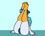  5_toes animated anthro anthrofied avian barefoot bird blue_hair breasts feet female fingers generation_9_pokemon hair humanoid_feet kiss_the_carrot looking_at_viewer nintendo nipples open_mouth pokemon pokemon_(species) quaxly simple_background solo text toes video_games white_body 