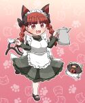  1girl :3 :d alternate_costume animal_ear_fluff animal_ears animal_print apron bangs blunt_bangs blush bow braid breasts cat_ears cat_print cat_tail cup dress enmaided extra_ears fang gradient gradient_background hands_up heart highres holding holding_cup holding_teapot juliet_sleeves kaenbyou_rin large_breasts long_sleeves looking_at_viewer maid maid_headdress multiple_tails nekomata outline paw_print pink_background pink_eyes puffy_sleeves red_hair reiuji_utsuho reiuji_utsuho_(bird) rokugou_daisuke smile solo standing standing_on_one_leg tail teacup teapot touhou tray twin_braids two_tails waist_apron white_outline 