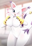  absurd_res anthro bandai_namco big_breasts blush breasts claws clothing digimon digimon_(species) featureless_breasts featureless_crotch felid female fur gatomon gloves handwear hi_res looking_at_viewer mammal nude pilu_(artist) smile solo white_body white_fur 