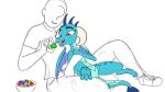  2016 5_fingers ?_face amber_eyes anon anthro blue_body blue_scales colored_sketch digital_drawing_(artwork) digital_media_(artwork) dragon duo eyebrows feeding female fingers friendship_is_magic frikdikulous gem hasbro hi_res horn human male male/female mammal my_little_pony open_mouth open_smile princess_ember_(mlp) scales scalie sharp_teeth simple_background sitting sketch smile teeth white_background wings 