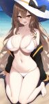  1girl beach bikini black_jacket breasts brown_hair cleavage collarbone fang girls&#039;_frontline harenchi hat highres jacket jacket_partially_removed kneeling large_breasts long_hair looking_at_viewer m37_(girls&#039;_frontline) m37_(summer_parader)_(girls&#039;_frontline) navel outdoors skin_fang skindentation solo sun_hat sweatdrop swimsuit thigh_gap very_long_hair white_bikini 