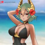  1girl arm_behind_head bangs beach black_one-piece_swimsuit blurry blurry_background breasts crown dark-skinned_female dark_skin fire_emblem fire_emblem_heroes flower green_hair hair_flower hair_ornament hayato_stuff laegjarn_(fire_emblem) large_breasts lipstick looking_away makeup ocean official_alternate_costume one-piece_swimsuit pink_lips short_hair solo swimsuit watermark 