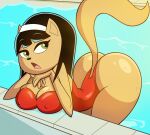  2022 accessory anthro big_breasts big_butt black_hair breasts butt cleavage clothed clothing colored domestic_cat dripping felid feline felis female grimphantom hair hand_on_face headband kitty_katswell light looking_aside mammal nickelodeon nipple_outline one-piece_swimsuit open_mouth outside partially_submerged poolside resting shaded small_waist solo sunlight swimming_pool swimwear t.u.f.f._puppy wet wet_hair 