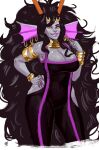  2016 alien animal_humanoid armlet big_breasts black_hair bodysuit bracelet breasts cleavage clothed clothing colored_nails covered_navel crown ear_piercing ear_ring eyeshadow female fin fingernails fish fish_humanoid grin hair hand_on_hip her_imperious_condescension hi_res homestuck horn humanoid jewelry lips long_fingernails long_hair looking_at_viewer makeup marine marine_humanoid ms_paint_adventures nails necklace piercing pink_eyes pink_lips pink_nails redfred ring_piercing sharp_teeth skinsuit smile solo teeth tiara tight_clothing troll_(homestuck) webcomic yellow_sclera 