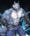  abs absurd_res amon-sydonai anthro belt_buckle canid canine canis claws clothed clothing collar dislyte ear_piercing ear_ring facial_scar fingerless_gloves freddy_(dislyte) gloves handwear hi_res leather male mammal muscular muscular_male piercing ring_piercing scar solo topless wolf 