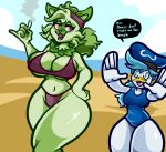  anthro anthrofied avian beach big_breasts bikini bird breasts clothing digital_media_(artwork) duo english_text felid feline female female/female fingers fur generation_9_pokemon green_body green_fur hair kiss_the_carrot looking_at_viewer mammal nintendo open_mouth outside pokemon pokemon_(species) quaxly sand seaside shaded sky smile sprigatito swimwear text thick_thighs tongue video_games water white_body wide_hips 