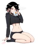  black_choker black_hair black_hoodie black_shorts black_socks blackberry-peach_(omniformblue) choker crop_top cropped_hoodie cup drinking_glass earrings highres holding holding_cup hood hoodie jewelry midriff navel omniformblue original pink_eyes pink_hair seiza short_hair shorts sitting socks 