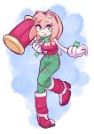  2022 accessory amy_rose anthro boots bottomwear breasts clothing eulipotyphlan female footwear gloves green_bottomwear green_clothing green_eyes green_pants hair hair_accessory hairband hammer handwear hedgehog jamoart looking_at_viewer mammal pants pink_body pink_hair sega shirt short_hair solo sonic_the_hedgehog_(series) tank_top tools topwear torn_bottomwear torn_clothing torn_pants 