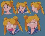  1990s_(style) angry bangs bishoujo_senshi_sailor_moon blonde_hair blue_eyes blue_sailor_collar double_bun earrings emlirjak expressionless hair_bun jewelry long_hair parted_bangs retro_artstyle sailor_collar smile stud_earrings tsukino_usagi very_long_hair worried 