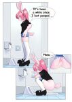  anthro anus bathroom black_clothing black_shirt black_topwear blue_eyes blush bodily_fluids bottomwear bottomwear_pull censored censored_pussy clothing clothing_pull comic crouching denim english_text female footwear fur genital_fluids genitals hair high_heels lagomorph legwear leporid mammal mosaic_censorship peeing pink_body pink_fur pink_hair pussy rabbit shirt skirt skirt_pull socks solo squat_toilet standing text thigh_highs thigh_socks toilet toilet_paper toilet_use topwear unoroute unousaya urine urine_stream 