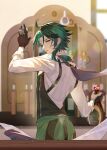  1boy ahoge alcohol apron arm_up bangs bar_(place) bartender black_gloves black_vest blurry blurry_background bottle cape collared_shirt commentary_request counter eyeshadow facial_mark forehead_mark genshin_impact gloves green_apron green_hair hand_up highres holding holding_bottle indoors jigger light_particles long_sleeves looking_at_viewer looking_back makeup male_focus multicolored_hair open_mouth parted_bangs parted_lips purple_cape red_eyeshadow shelf shirt short_hair_with_long_locks sidelocks solo standing streaked_hair upper_body vest waist_apron white_shirt window xiao_(genshin_impact) yellow_eyes yunifengxia 