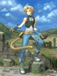  1boy ahoge bangs bare_shoulders blonde_hair blue_eyes blue_pants blue_ribbon boots cloud cloudy_sky cropped_vest final_fantasy final_fantasy_ix flock frilled_shirt_collar frills full_body gloves green_footwear green_gloves green_vest highres light_blush looking_to_the_side low_ponytail male_focus midriff_peek monkey_tail neck_ribbon outdoors pants parted_bangs ribbon ruins shirt short_hair_with_long_locks sky sleeveless sleeveless_shirt smile solo tail uboar vest weapon_behind_back white_shirt wrist_cuffs zidane_tribal 