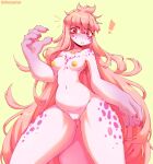  anthro big_hands breasts emanata exclamation_point female gribosaurus_(artist) hair hi_res lizard long_hair looking_at_viewer nipples non-mammal_breasts pink_body pink_eyes pink_hair pink_scales reptile scales scalie slightly_chubby solo thick_thighs yellow_nipples 