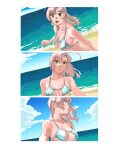  1girl absurdres alternate_costume antenna_hair beach bikini blue_sky breasts cloud commentary day green_eyes grey_hair highres horizon kantai_collection kinugasa_(kancolle) long_hair medium_breasts multiple_views ocean ojipon outdoors silver_bikini sky swimsuit symbol-only_commentary upper_body 