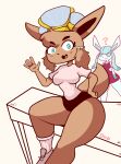  absurd_res anthro blush breasts brown_body brown_fur canid canine clothed clothing crown digital_media_(artwork) diicks duo eevee eeveelution female fur generation_1_pokemon generation_4_pokemon glaceon hair hi_res mammal nintendo open_mouth pokemon pokemon_(species) simple_background smile solo_focus thick_thighs video_games 