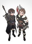  2boys adventurer_(ff14) aged_down ardbert_(ff14) armor arms_behind_back axe bangs belt black_coat black_footwear black_shorts blood blood_on_weapon blue_eyes boots breastplate brown_hair child chinese_commentary coat commentary_request dark_knight_(final_fantasy) faulds final_fantasy final_fantasy_xiv from_above full_body fur-trimmed_boots fur_trim greatsword greaves hair_between_eyes hands_on_hips highres hyur knee_boots legs_apart looking_at_another looking_at_viewer looking_up male_child male_focus multiple_boys pauldrons short_hair shorts shoulder_armor simple_background smile standing vambraces warrior_(final_fantasy) weapon weapon_on_back white_background wuliu_heihuo 