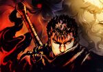  2boys berserk black_hair griffith_(berserk) guts_(berserk) long_hair looking_at_viewer multiple_boys one_eye_closed optionaltypo portrait scar scar_on_face short_hair sword sword_on_back weapon weapon_on_back white_hair 