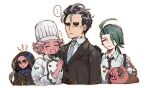  ... 1boy 3girls ahoge androgynous black_gloves black_hair black_jacket black_necktie blonde_hair blue_eyes blue_necktie blush chef_hat chef_uniform closed_mouth collared_shirt cook_(pokemon) earrings eyelashes flat_top_chef_hat formal geeta_(pokemon) gloves green_hair grey_hair grey_shirt hat heart jacket jewelry larry_(pokemon) long_hair multicolored_hair multiple_girls necktie oinkologne pokemon pokemon_(creature) pokemon_(game) pokemon_sv ponytail rika_(pokemon) shirt short_hair shourou_kanna simple_background smile speech_bubble streaked_hair suit suspenders thick_eyebrows 