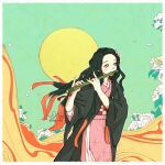  1girl black_hair black_robe fingernails flower flute forehead highres hiiyuki instrument japanese_clothes kamado_nezuko kimetsu_no_yaiba kimono music petals pink_kimono playing_flute playing_instrument purple_eyes robe sharp_fingernails signature solo sun twitter_username 