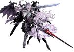  1boy 1girl absurdres armor armored_dress dragon_horns dragon_tail dragon_wings fate/apocrypha fate/grand_order fate_(series) full_body highres holding holding_sword holding_weapon horns kriemhild_(fate) long_hair miwa_shirow sheath siegfried_(fate) simple_background sword tail weapon white_background wings 