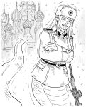  1girl absurdres bb_(baalbuddy) cold english_commentary fur_hat gloves greyscale gun hammer_and_sickle hat highres lamia long_hair long_sleeves military military_uniform monochrome monster_girl original rifle snow solo soviet st_basil&#039;s_cathedral trembling uniform ushanka weapon winter_uniform 