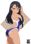  1girl absurdres black_hair blue_one-piece_swimsuit blush breasts closed_mouth dark-skinned_female dark_skin hair_ornament hairpin half-closed_eyes highres ijiranaide_nagatoro-san kdtwifi long_hair looking_at_viewer looking_back nagatoro_hayase one-piece_swimsuit small_breasts smile smug solo standing swimsuit tan 