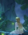  1girl bare_arms bare_shoulders blonde_hair breasts dress facing_away giant_tree highres kneeling long_dress long_hair medium_breasts outdoors phina_(jinahou) plant pointy_ears princess_zelda soaking_hands solo strapless strapless_dress the_legend_of_zelda the_legend_of_zelda:_breath_of_the_wild tree wet wet_clothes wet_hair white_dress 