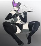  &lt;3 alyona_(unfortunatemutt) anthro choker clothing dar-kuu ear_piercing female footwear hair hi_res jewelry lagomorph latex leporid mammal multicolored_body necklace piercing purple_eyes purple_hair rabbit riding_crop socks solo stirrup_socks two_tone_body whip 