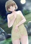  1girl :o blurry blurry_background blush breasts brown_hair collarbone completely_nude full_moon green_eyes groin highres looking_at_viewer medium_breasts moon nagami_yuu naked_towel navel night night_sky nipples nude original short_hair sky towel wet 