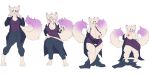  2_tails anthro blue_eyes bottomwear breast_expansion breasts canid canine cleavage clothed clothing expansion female fennec fox fully_clothed fur hi_res hip_expansion jokku mammal multi_tail pants shirt short_stack short_stackification shrinking simple_background size_transformation solo thick_thighs topwear transformation transformation_sequence white_background white_body white_fur 