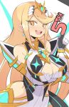  1girl bangs bare_shoulders blonde_hair breasts chest_jewel cleavage cleavage_cutout clothing_cutout earrings highres jellcaps jewelry large_breasts long_hair looking_at_viewer mythra_(xenoblade) open_mouth solo swept_bangs tiara very_long_hair xenoblade_chronicles_(series) xenoblade_chronicles_2 yellow_eyes 