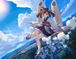  1girl :o bangs blush brown_hair chikuwa cloud commentary_request day food full_body geta highres japanese_clothes kimono kiritanpo_(food) long_sleeves looking_at_viewer mountain outdoors oversized_food parted_lips red_eyes scenery shirinda_fureiru short_twintails sky solo tabi touhoku_kiritan twintails voiceroid water wide_sleeves 