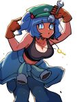  1girl :o bangs black_tank_top blue_eyes blue_hair blue_pants blue_shirt breasts brown_gloves cleavage clothes_around_waist feet_out_of_frame flat_cap gloves green_headwear hair_bobbles hair_ornament hat highres holding holding_wrench iganashi1 jewelry kawashiro_nitori key key_necklace large_breasts leaning_forward long_sleeves looking_at_viewer medium_hair navel necklace one-hour_drawing_challenge open_mouth pants shirt shirt_around_waist simple_background solo tank_top touhou two_side_up white_background wrench 