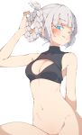  1girl arm_behind_back armpit_crease bangs bare_shoulders black_shirt blue_eyes blunt_bangs blush bottomless braid cleavage_cutout closed_mouth clothing_cutout covered_collarbone cowboy_shot crop_top grey_hair groin hair_rings hand_in_own_hair hand_up highres linea_alba looking_at_viewer nanakusa_nazuna_(yofukashi_no_uta) navel rasusurasu ringed_eyes shirt short_hair sidelocks simple_background sleeveless sleeveless_turtleneck solo straight_hair tongue tongue_out turtleneck twin_braids white_background yofukashi_no_uta 